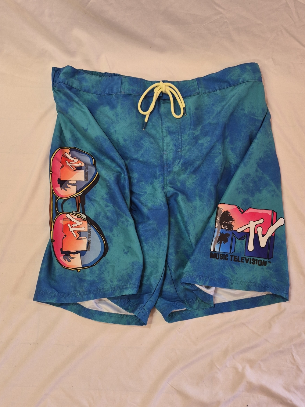 MTV Men’s Blue Tie-Dye Swim Shorts with Neon Drawstring & Graphic Logos Size XL